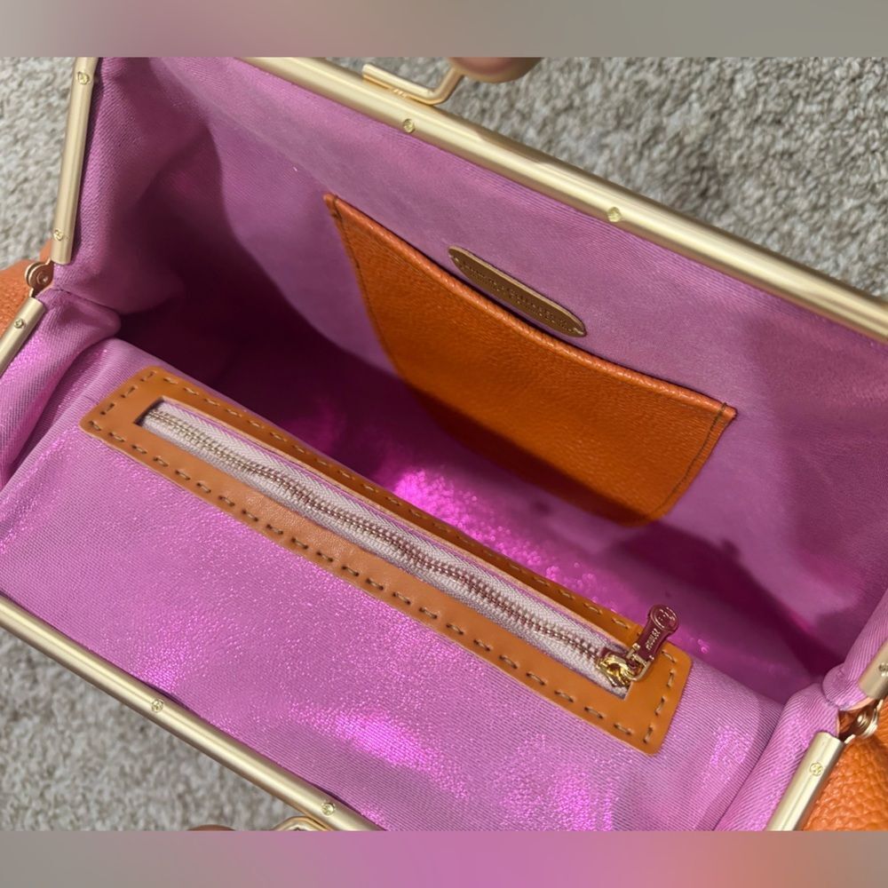Orange Pebble Leather Handmade Vintage Style Extra Large Kisslock Frame Bag - Picture 14 of 16
